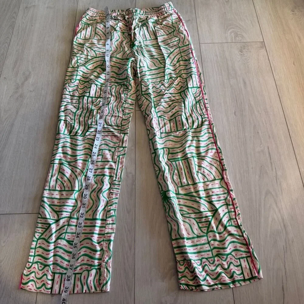 Zara Linen Blend Graffiti Print Pant Cream Green Pink Jogger Pajama Trouser siz